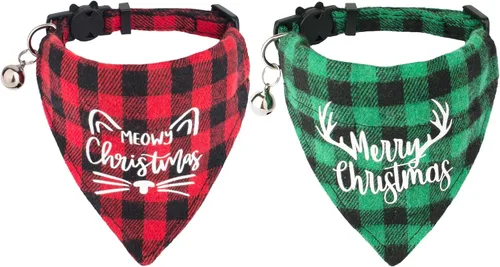 ADOGGYGO - Collares de Navidad para gatos con campana, desmontables, paquete de 2, collares ajustables de Navidad a cuadros rojo y verde para gatos