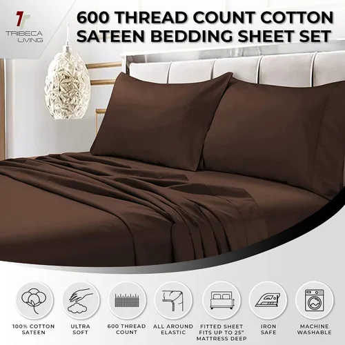 Miniatura 3 de Tribeca Living Juego de funda de almohada de satén de algodón egipcio suave, bolsillo extra profundo, 600 hilos, sábana de cama, Queen, chocolate