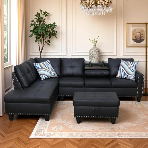 Miniatura 4 de Sofá Seccional de Cuero con Chaise Móvil y Otomana de Almacenamiento, Sofás Modulares Convertibles en Forma de L de 3 Piezas para Sala de Estar