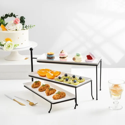 Miniatura 3 de Sweese Soporte para servir de 3 niveles, soporte rectangular plegable de exhibición de alimentos con platos de porcelana blanca, bandejas