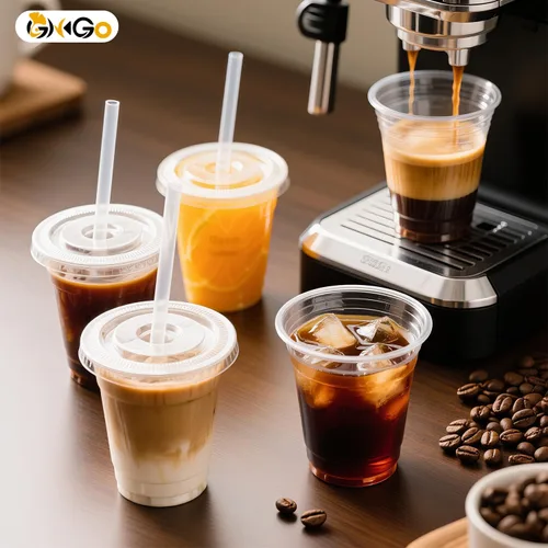 Miniatura 5 de Ginkgo Paquete de 100 tazas de plástico de 12 onzas con tapas y popotes, tazas de café desechables transparentes para llevar, tazas de café helado