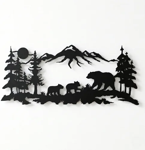 DEKADRON Arte de pared de metal, arte familiar de oso de metal, decoración de montaña de árbol, decoración de pared de naturaleza, regalo para