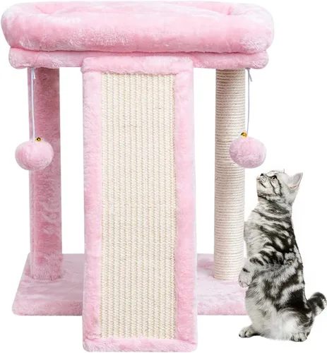 Miniatura 13 de SYANDLVY Árbol pequeño para gatos con poste rascador, tabla rascador para gatos con perca, rascador de poste para gatos de interior, 2 bolas Beige