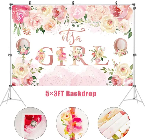 Miniatura 3 de Decoraciones de baby shower para niña, globos de baby shower con temática floral, letrero de fondo para fiesta de revelación de género