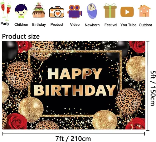 Miniatura 8 de Telón de fondo de feliz cumpleaños con estampado de leopardo negro y dorado, globos de guepardo, fondo de fotografía de rosa roja, para mujeres