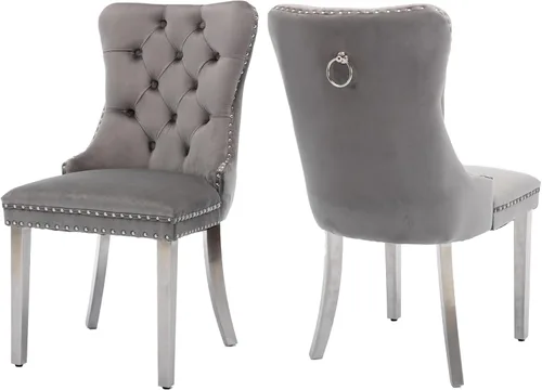 Juego de 2 sillas de comedor, sillas de comedor tapizadas con tirador de anillo trasero, ribete de cabeza de clavo y patas de acero inoxidable Gris