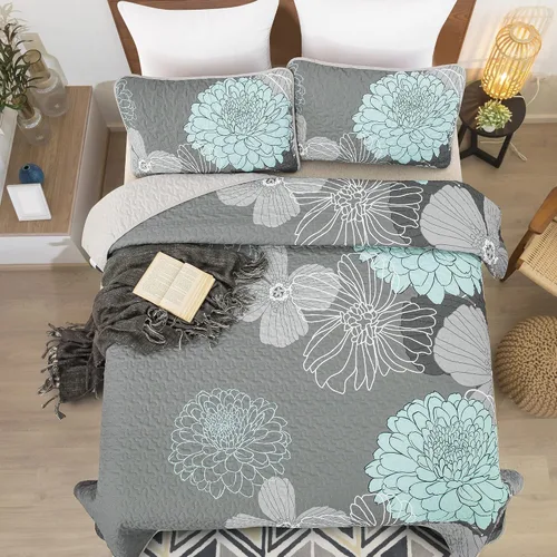 Miniatura 3 de Anibedding Juego de edredón con estampado floral verde, tamaño King, colcha de 3 piezas, elegante colcha de flores bohemias con 2 fundas de Gris