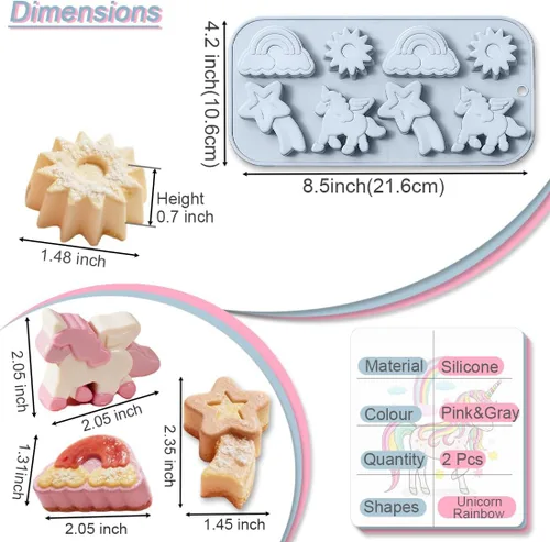 Miniatura 3 de Paquete de 2 moldes de silicona con temática de unicornio alado, 8 cavidades 3D arco iris, unicornio, sol, meteoros, herramientas de decoración