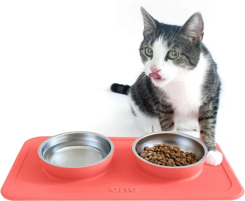 Miniatura 8 de Ono Good Bowl - Comedero doble para alimentos y agua, tapete de silicona antideslizante para mascotas pequeñas a medianas y cuencos de acero azul