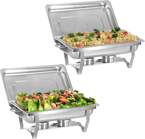 Juego de 2 platos para bufé, de acero inoxidable, rectangular, tamaño matrimonial, 8 cuartos de galón y calentador de buffet para catering, juego