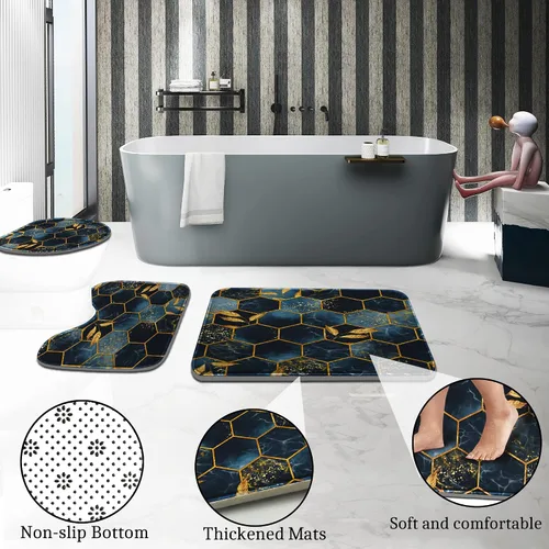 Miniatura 4 de Poedist Juego de 4 cortinas de ducha de baño, juegos de baño con alfombras (tapete de baño, forma de U y tapa de inodoro) y 12 ganchos, mármol