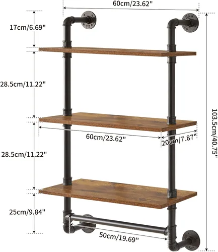 Miniatura 3 de IBUYKE Estante industrial para tubería, estantería de montaje en pared de 40.5 pulgadas, estante de pared de 3 niveles con toallero, estantes