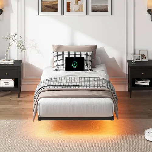 Miniatura 7 de YORMDMO Base de cama flotante tamaño individual, marco de cama resistente con luces LED inteligentes y estación de carga, cama moderna de plataforma