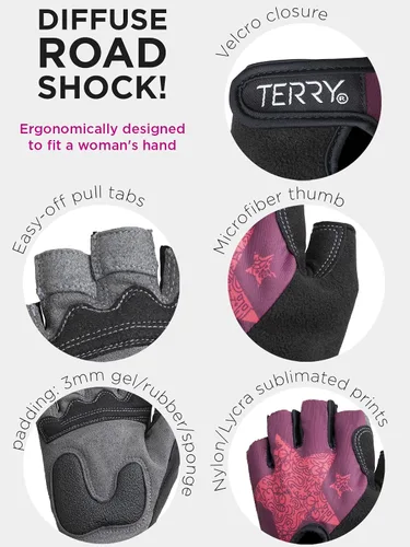 Miniatura 3 de Terry Guantes de ciclismo para mujer, T-Gloves LTD Prints, Guantes de ciclismo para mujer, guantes de ciclismo de medio dedo acolchado de gel