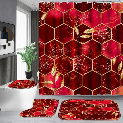 Miniatura 8 de Poedist Juego de 4 cortinas de ducha de baño, juegos de baño con alfombras (tapete de baño, forma de U y tapa de inodoro) y 12 ganchos, mármol