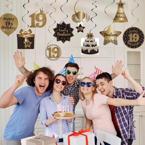 Miniatura 3 de Decoración de techo de remolinos colgantes para fiesta de cumpleaños número 19, celebración, 19 remolinos colgantes de papel de aluminio
