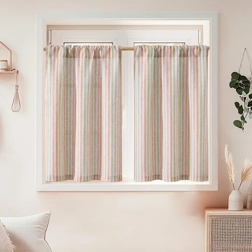 Miniatura 96 de jinchan - Cortinas de lino a rayas para cocina de 20 pulgadas de largo, cortinas de varios niveles, estilo granja moderna de café, tratamientos