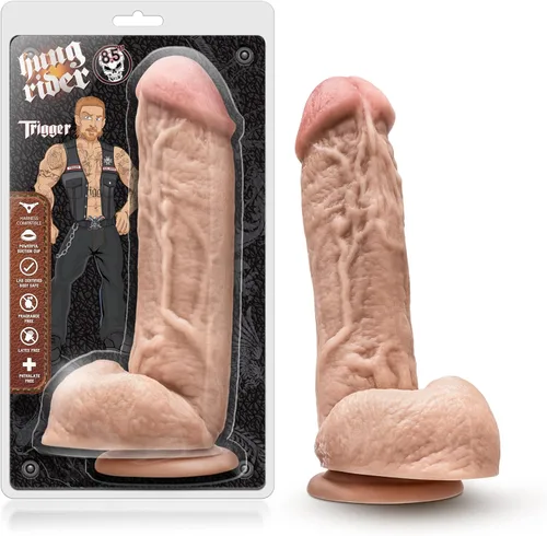 Blush Hung Rider Trigger - Consolador de 8.5 pulgadas de grosor con bolas, pene venoso realista de circunferencia XL, compatible con correa de
