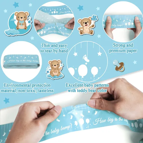 Miniatura 3 de Juegos de baby shower para género neutro How Big is Mommys Belly Tape de 150 pies de medida Cinta métrica de vientre embarazada oso Baby Shower Azul