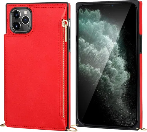 Miniatura 5 de Bocasal Funda tipo cartera cruzada para iPhone 11 Pro con tarjetero, protector de ranura para tarjetas con cremallera, a prueba de golpes, con Rojo
