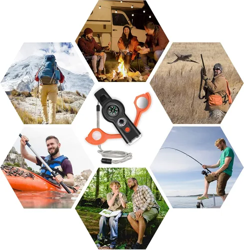 Miniatura 5 de Silbato con función de supervivencia de emergencia 7 en 1, silbato de seguridad multifuncional para exteriores con cordón, ideal para kayak