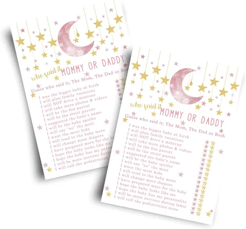 Paper Clever Party Twinkle Little Star - Juego de baby shower para niñas, 25 tarjetas de juego de Adivina quién mamá o papá, divertidas actividades