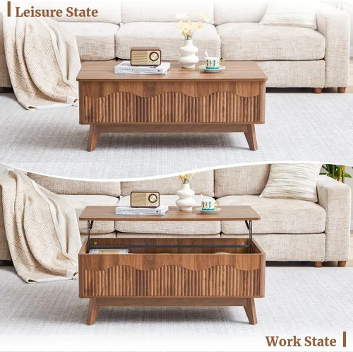 Miniatura 7 de BERRYMERRY Mesa de centro elevable con almacenamiento oculto, mesa de centro acanalada de granja con perfil ondulado, mesa central rectangular