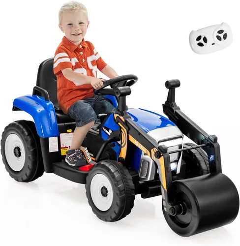 Miniatura 11 de Costzon Auto para montar en coche, rodillo de carretera de 12 V con control remoto, tractor eléctrico a batería con rodillo de tambor ajustable, Rosa