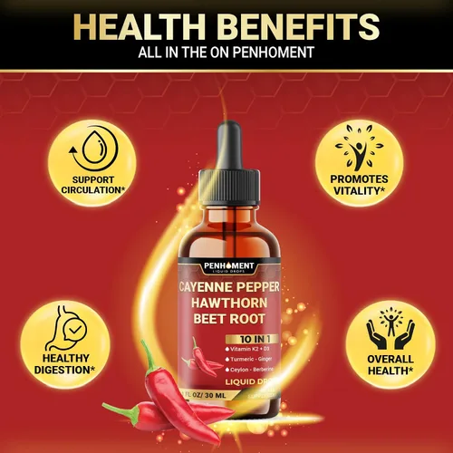 Miniatura 4 de 10 en 1 3000 mg de pimienta de cayena espino baya vitamina D3 K2 raíz de remolacha jengibre gotas líquidas y más – Apoyo a la digestión – 1 onza