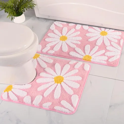 Miniatura 11 de QJHOMO Alfombras de inodoro en forma de U, linda alfombra de baño con contorno de margarita beige 20"x20", alfombra extra gruesa y suave