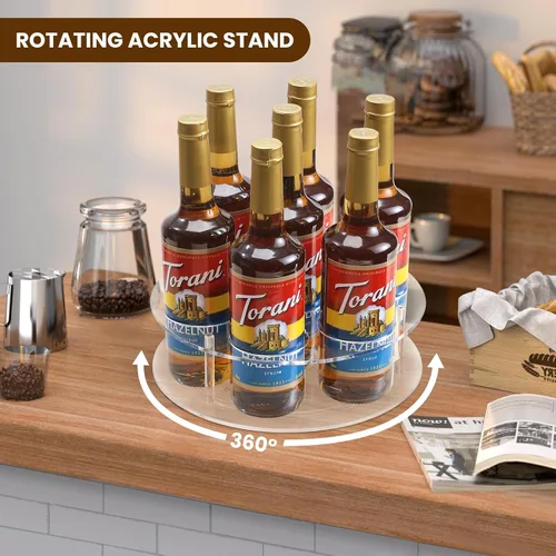 Miniatura 6 de IEEK Organizador de jarabe de café giratorio grande, 7 botellas, estante acrílico transparente para jarabe de café para encimera, soporte