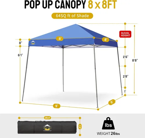 Miniatura 3 de CROWN SHADES - Toldo desplegable instantáneo con base patentada de 10 x 10 pies y parte superior de 8 x 8 pies, portátil, patas inclinadas