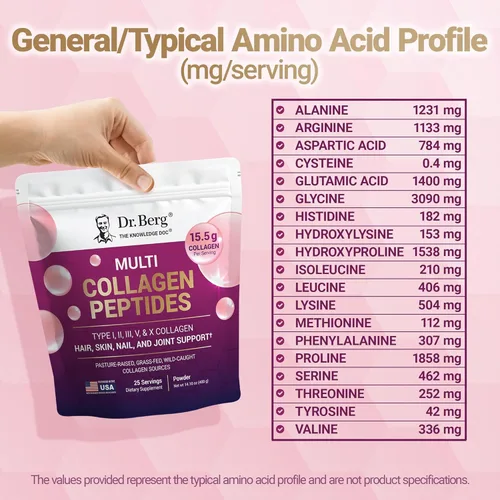 Miniatura 6 de Dr. Berg Multi Colágeno en Polvo de Péptidos Tipos I, II, III, V, X - Polvo de Colágeno Sin Sabor con 14 g de Proteína - Obtenido de Fuentes