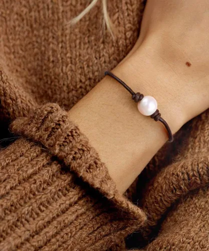 Miniatura 6 de Pulsera cultivada de agua dulce de una sola perla hecha a mano de cuero genuino pulsera de ágata Malaquita Tiger Eyes con encanto joyería sintética