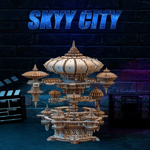 Miniatura 7 de Rompecabezas de madera 3D para adultos, kit de modelo de caja de música SkyCity, más de 600 piezas, diseño de paisaje urbano, desafiante artesanía