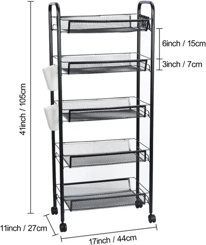 Miniatura 3 de Cesta de almacenamiento de frutas y verduras, carrito de almacenamiento de 5 niveles, organizador de verduras de malla metálica apilable con ruedas