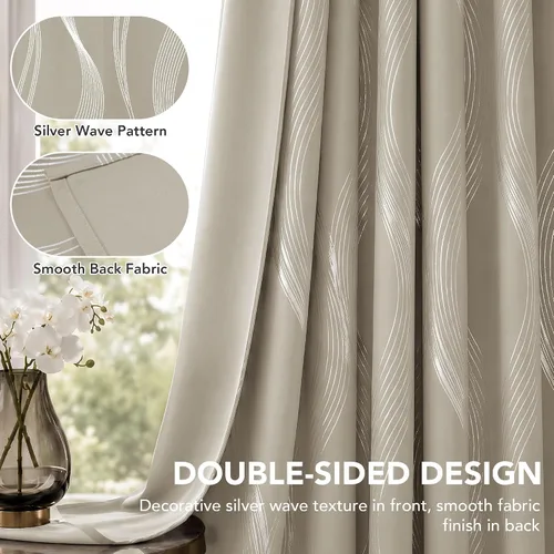 Miniatura 2 de Deconovo Beige Blackout Curtains 42" W x 45" L - Silver Wave Foil Print Thermal Insulated Grommet Curtain Panels for Bedroom, Set of 2 (6 Grommets)