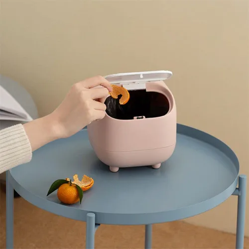 Miniatura 5 de Bote de basura pequeño de escritorio con tapa para escritorio, lindo mini cubo de basura verde a presión para oficina, encimera, mesa de café, Rosa