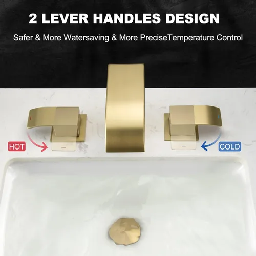 Miniatura 5 de Grifo de baño de cascada de oro cepillado de 8 pulgadas, grifos de baño para fregadero de 3 agujeros, grifo de lavabo de baño generalizado 2 asas