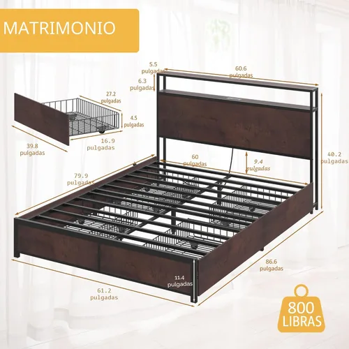 Miniatura 2 de Lifezone Base de cama Queen con cabecera de almacenamiento de 2 niveles, base de cama de plataforma de metal con 4 cajones de almacenamiento, Marrón