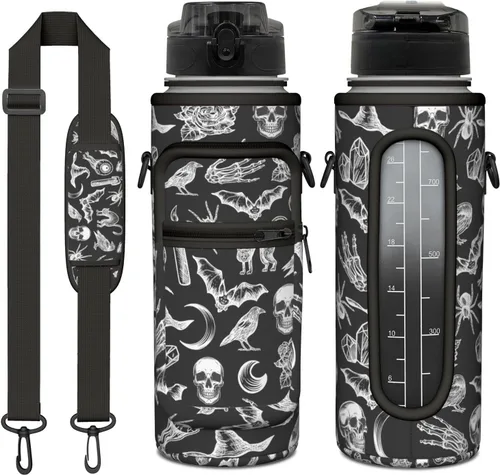 Miniatura 21 de Goth Moon Botella de agua de medio galón con funda - Botella de agua con tapa abatible sin BPA de 32 onzas - con marcador de tiempo, jarra de agua a