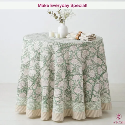 Miniatura 5 de ATOSII Mantel Redondo Bohemio Jade de Algodón 100%, Mantel de Lino con Estampado Floral de Bloques para Comedor, Fiestas, Bodas, Exteriores I