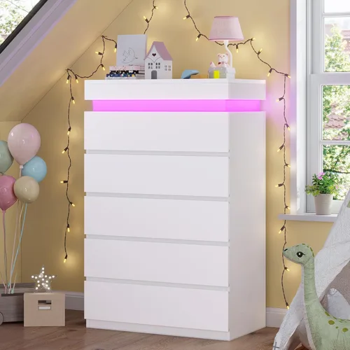 Miniatura 15 de HAUOMS Cómoda alta de 5 cajones con luz LED, cómoda moderna negra para dormitorio, cómodas de armario con cajones para sala de estar, entrada