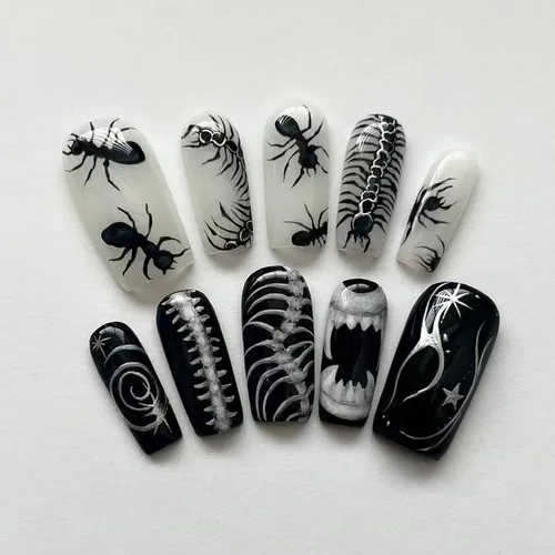 Miniatura 15 de MISUD Uñas a presión – Uñas cuadradas largas con pegamento rosa y negro, acrílico Y2K diseño de dijes de 24 piezas