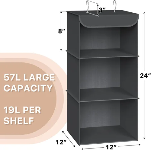Miniatura 2 de Simple Houseware Organizador de armario colgante de 3 estantes, estantes de almacenamiento de tela con capacidad de 57 litros, gris oscuro