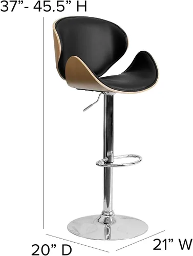 Miniatura 3 de Taburete de bar Flash Furniture de madera de haya con altura ajustable y asiento y respaldo de vinilo negro curvado, Espuma Madera Vinilo, Hayedo