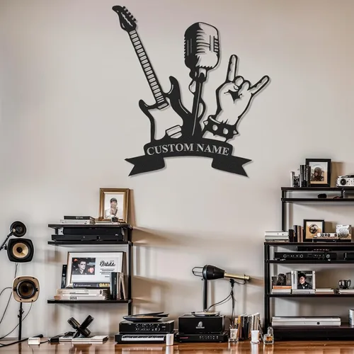 Miniatura 10 de Letrero de guitarra personalizado de metal, letrero de apellido con tema musical personalizado, decoración moderna para sala de música, letreros