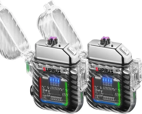 Miniatura 11 de SUPRUS Luminoso 3 modos de linterna resistente al viento, impermeable, encendedor eléctrico recargable de plasma de doble arco con silbato de Naranja