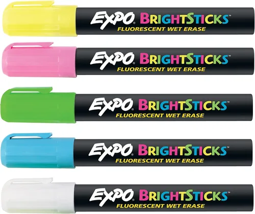 EXPO Bright Sticks, marcadores fluorescentes de borrado en húmedo, punta redonda, colores surtidos, 5 unidades - Pizarra, calendario, organización,
