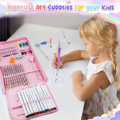 Miniatura 5 de JAMIEWIN Juego de marcadores con estuche de lápices de unicornio con purpurina, kit de 59 piezas de suministros de arte y manualidades para niños